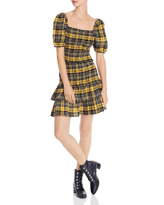Puff-Sleeve Plaid Smocked Top & Flannel Skirt