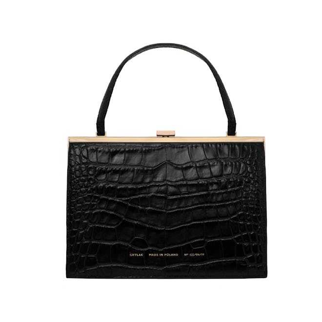 Glossy Black Croc Vintage Clasp Bag