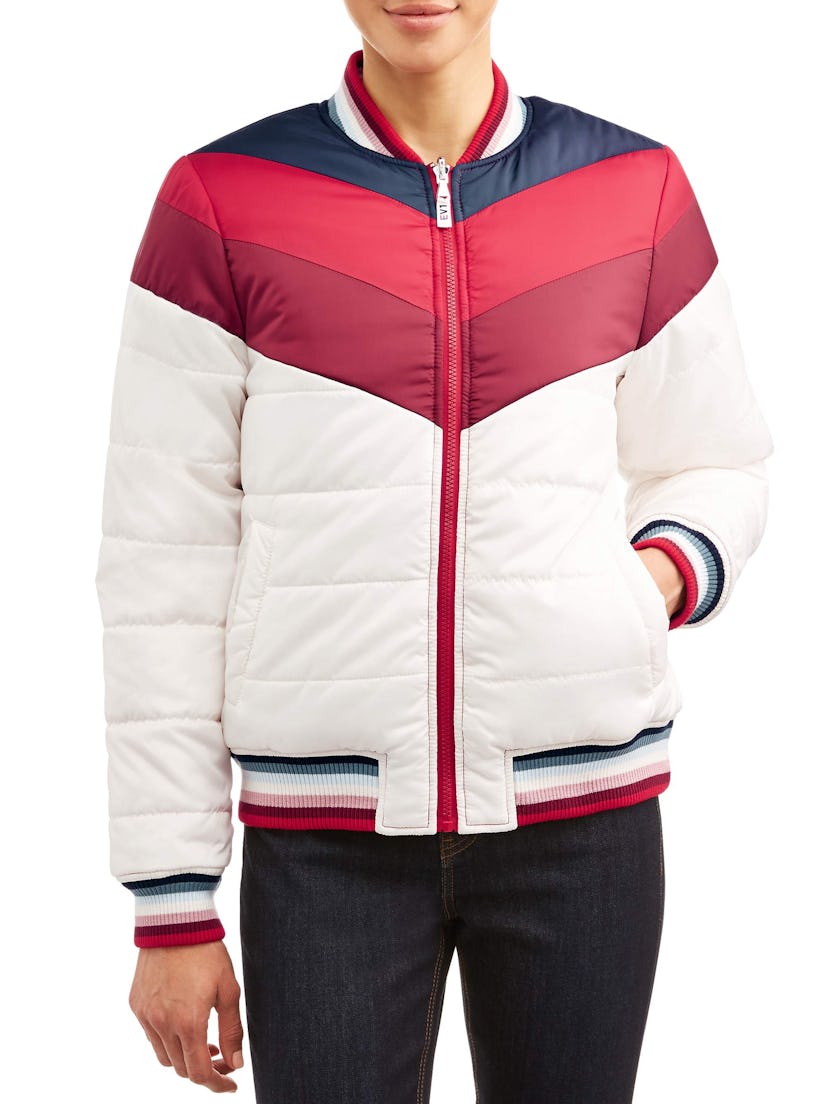 Reversible Chevron Colorblock Puffer Bomber Jacket