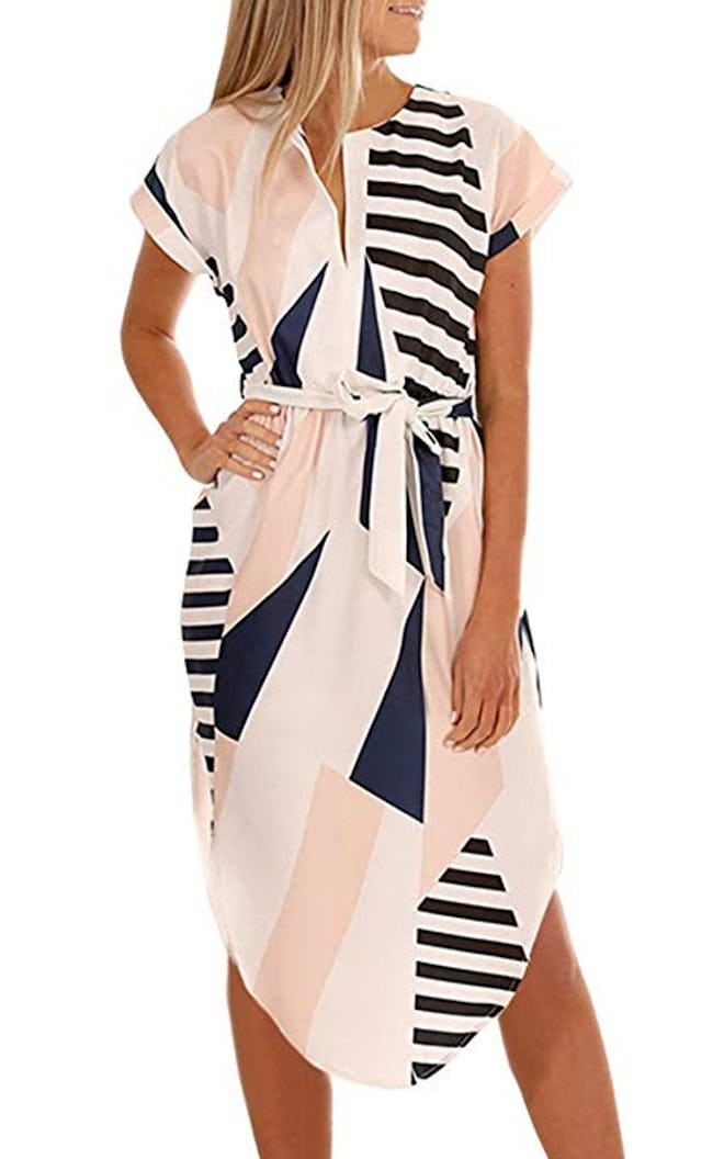 ECOWISH Geometric Pattern Belted Dress