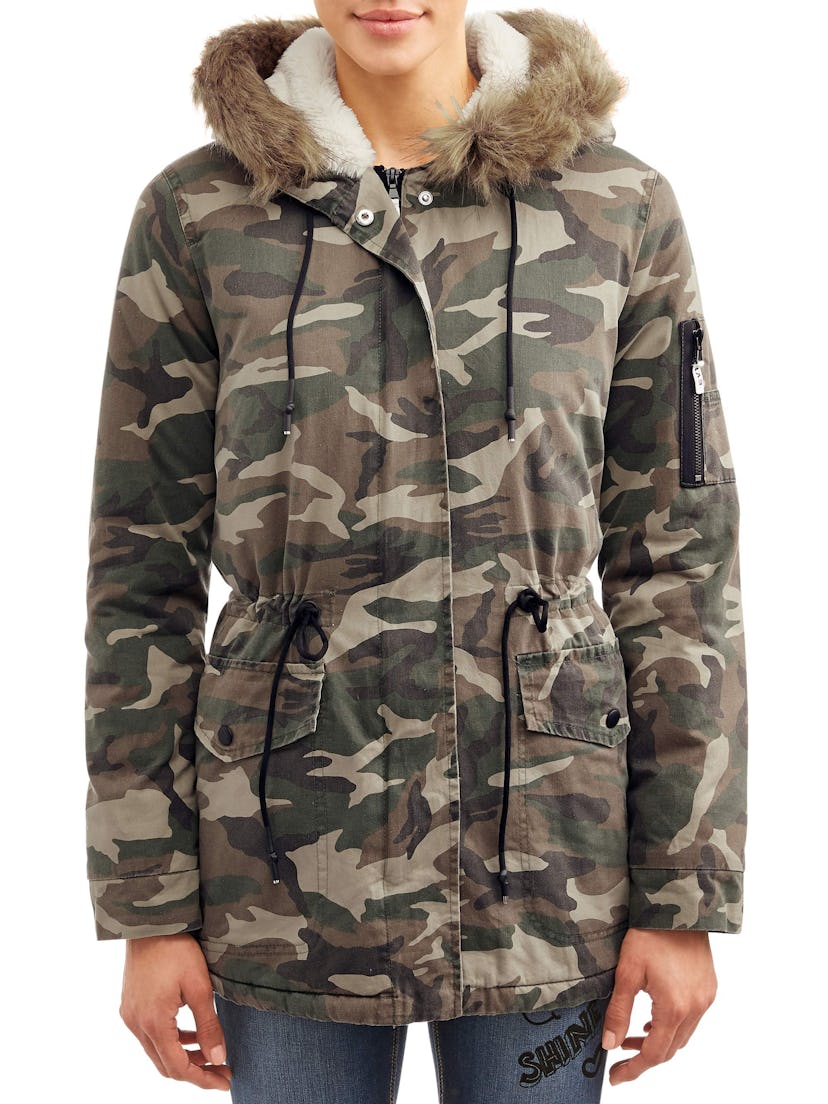 Camo Printed Faux Fur Removable Hood Anorak Jacket