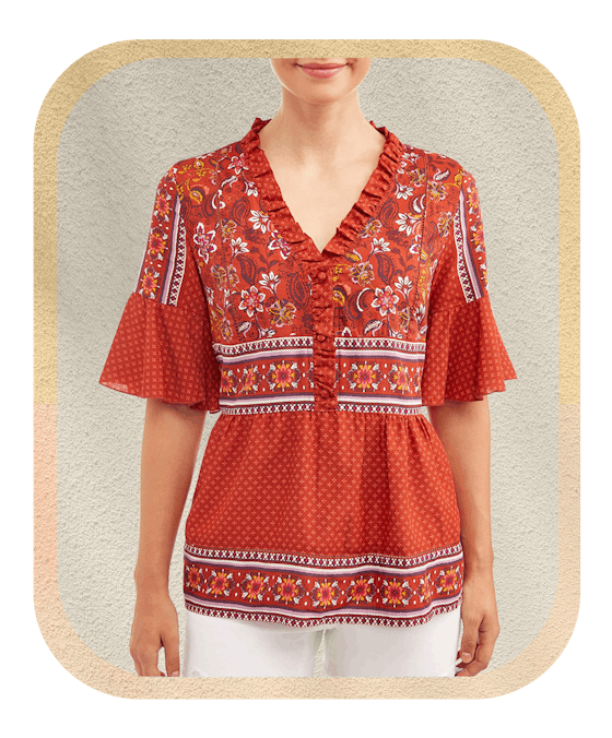 Time And Tru Women's Mixed Print Short Sleeve Peasant Top