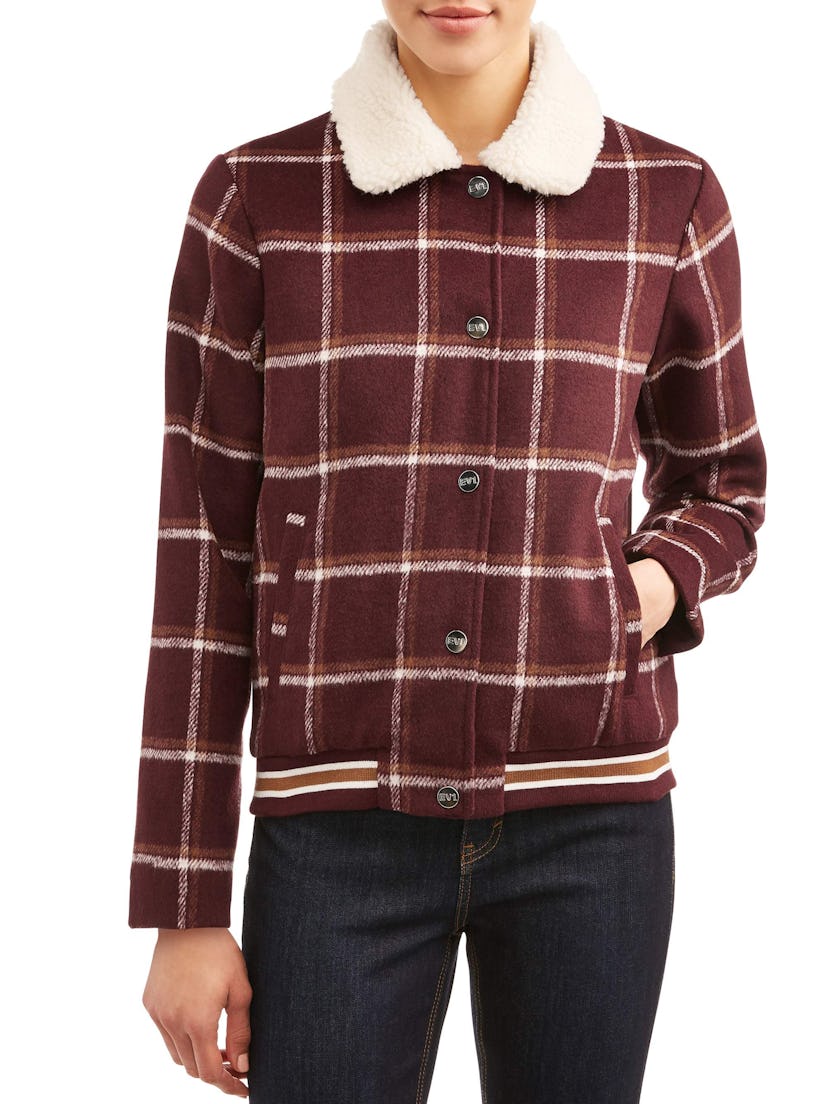 Wool Plaid Sherpa Collared Jacket Women's