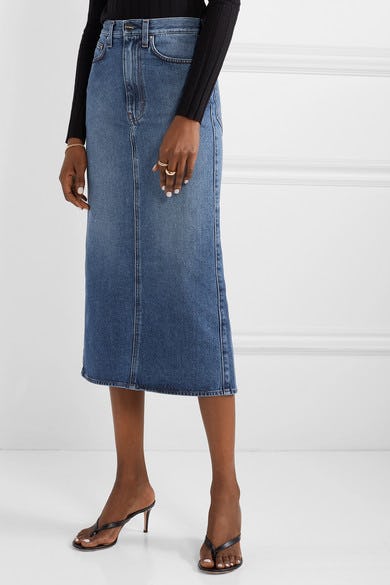 denim midi pencil skirt