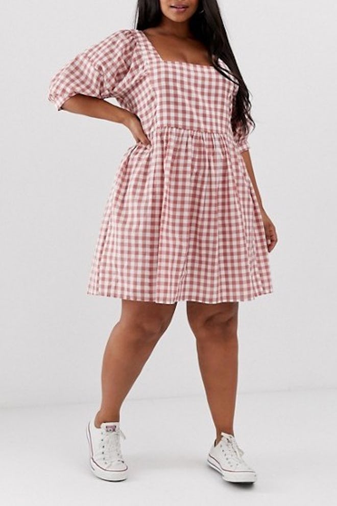 Chuck On Square Neck Mini Smock Dress In Gingham