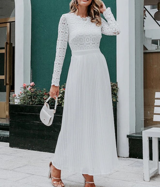 Simplee Solid Pleated Hem Guipure Lace Maxi Dress