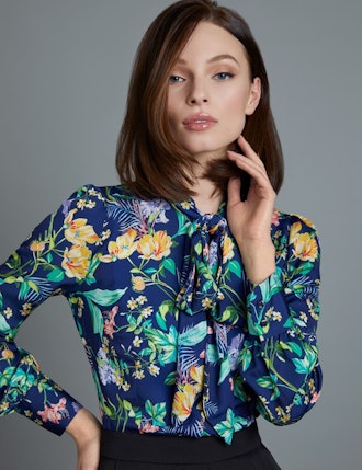 Women's Navy Floral Fitted Satin Shirt