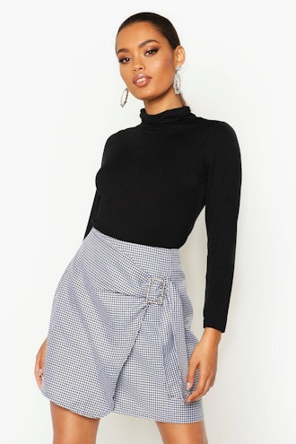 Dogtooth Wrap Front Buckle Detail Skirt