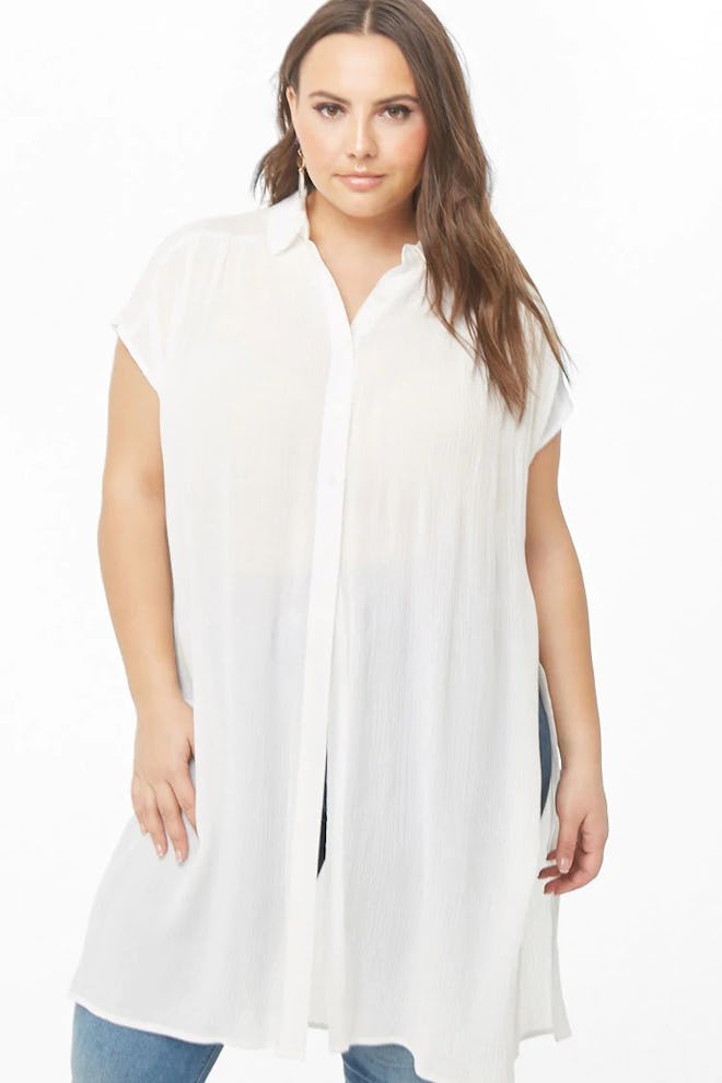 Plus Size Gauze Longline Shirt