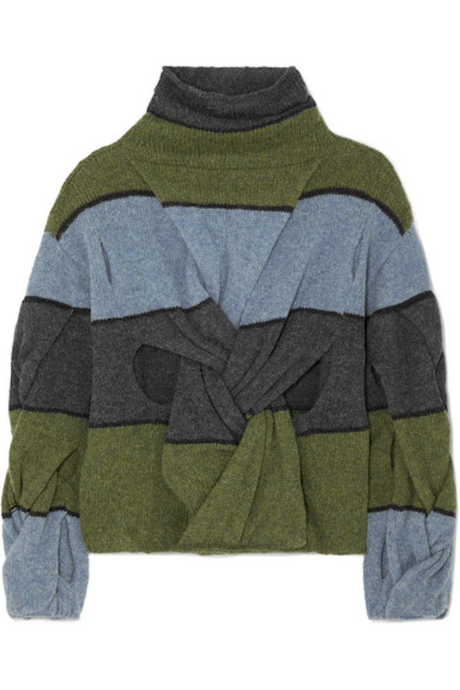 Cutout Twisted Striped Wool Turtleneck Sweater