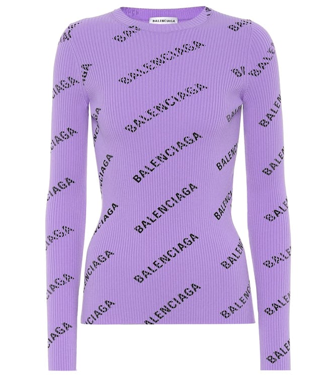 Balenciaga Allover Logo Ribbed-Knit Sweater
