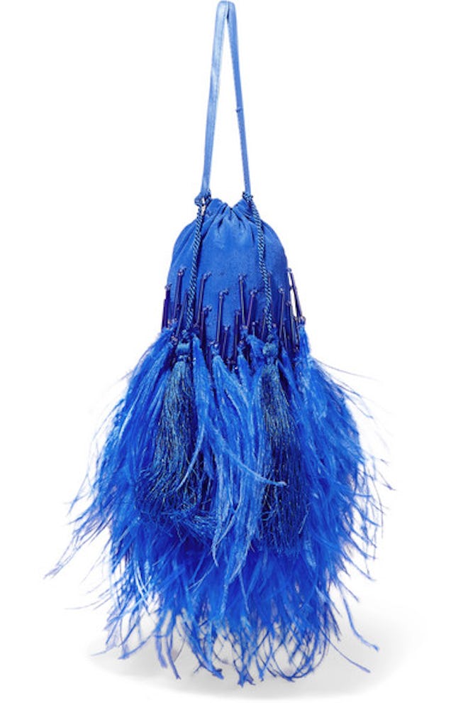 Feather-Trimmed Beaded Silk Pouch