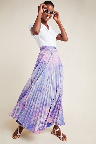 Marble-Dyed Pleated Maxi Skirt