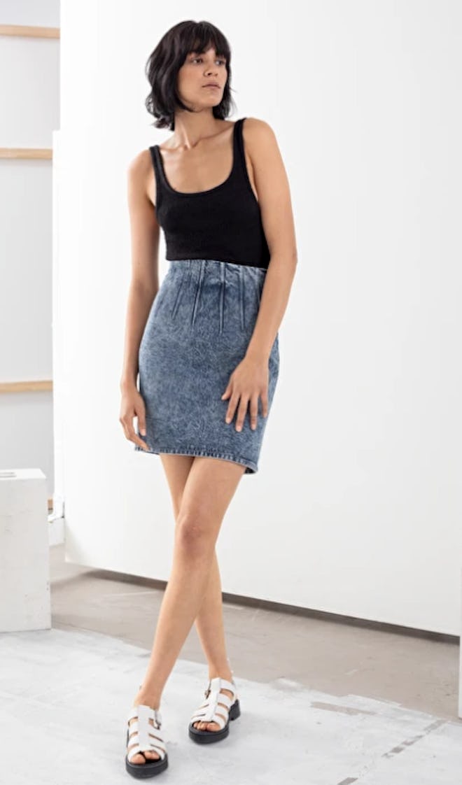 Pleated Denim Mini Pencil Skirt