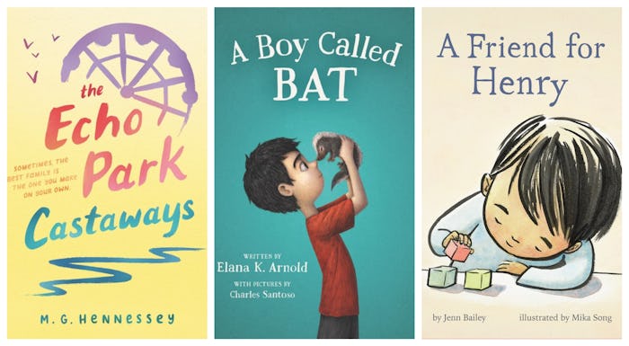 Covers of children's books: ''The Echo Park Castaways,'' ''A boy called BAT,'' and ''A Friend For He...