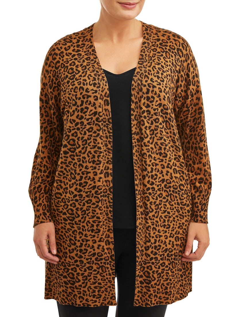 Women's Plus Size Leopard Sweater Cardigan with Pockets