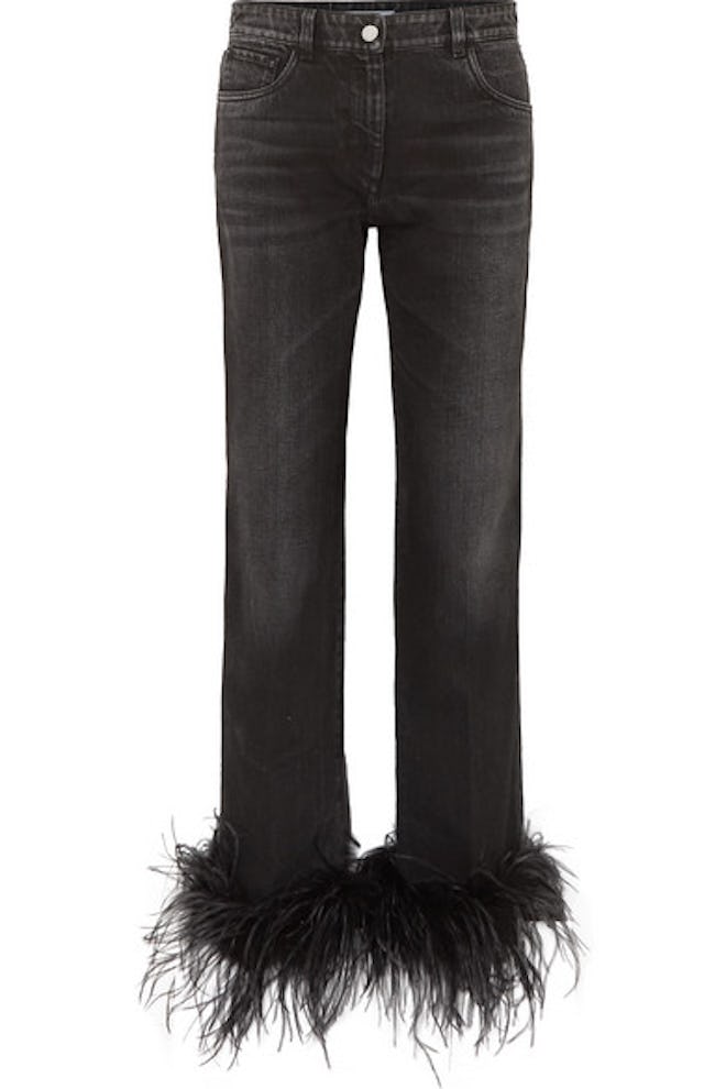 Cropped Feather-Trimmed Straight-Leg Jeans