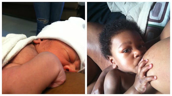 Side by side images of a mom breastfeeding her newborn and then the same baby slightly older