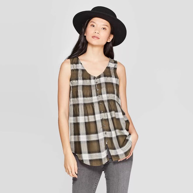 Knox Rose™ Green Women's Plaid Scoop Neck Front Button-Down Tank Top 