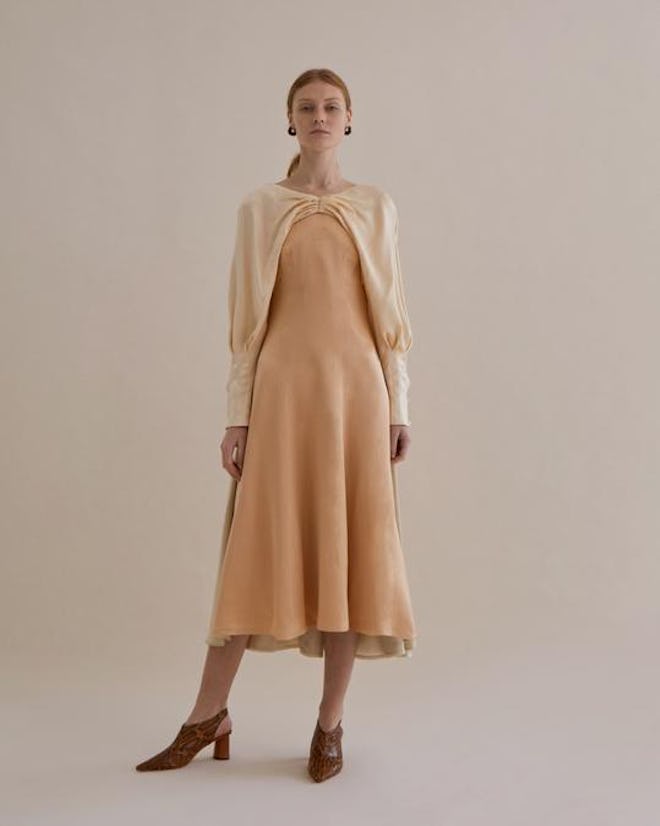 Milena Dress Silk Hammered Peach + Ivory + Beige Mix