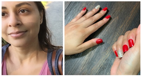 A collage of a woman taking a selfie and her red and silver press-on nails