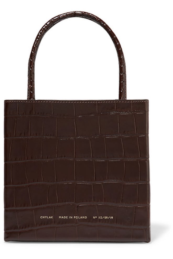 Square Glossed Croc-Effect Leather Tote