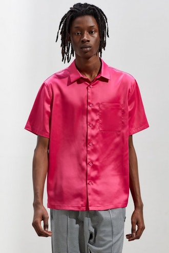 Solid Satin Short Sleeve Button-Down Shirt