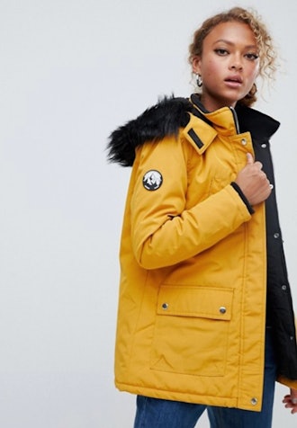 New Look parka coat in mustard with faux fur hood