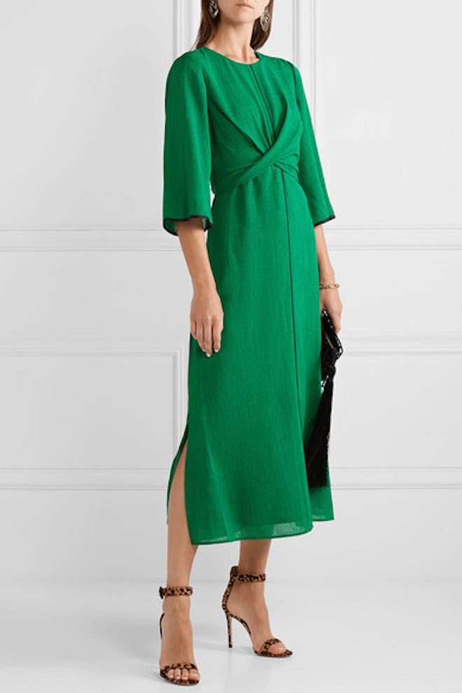 Twist-Front Grosgrain-Trimmed Midi Dress