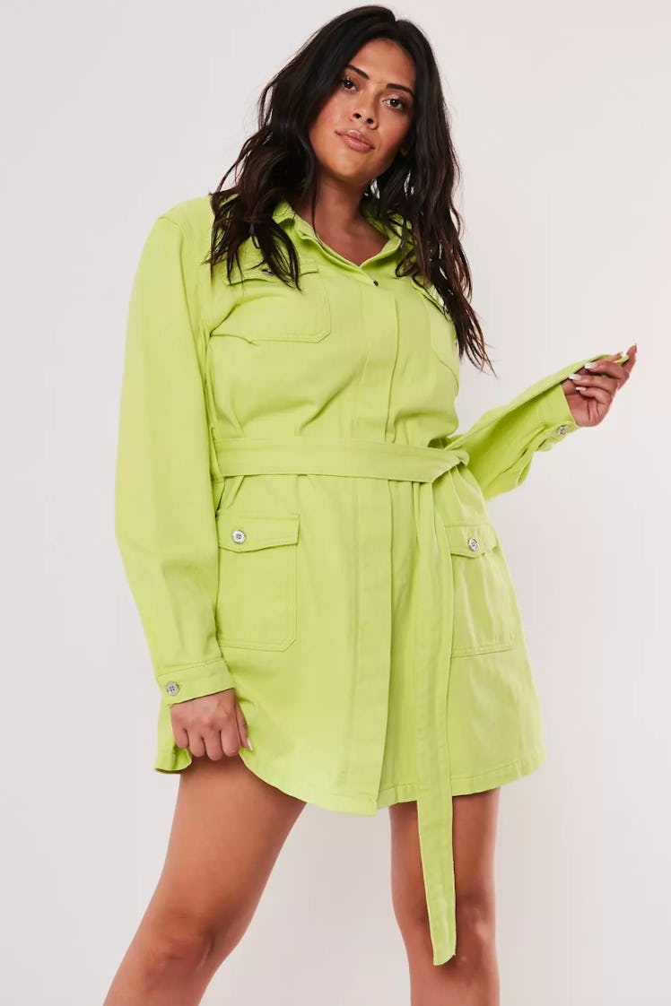 Plus Size Neon Lime Belted Long Denim Jacket