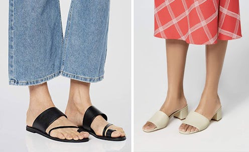 A collage of black sandals and white sandals with a heel