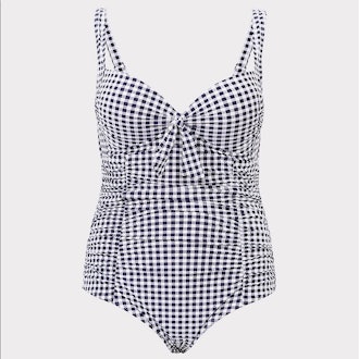 Blue Gingham Ruched One-Piece Swimsuit