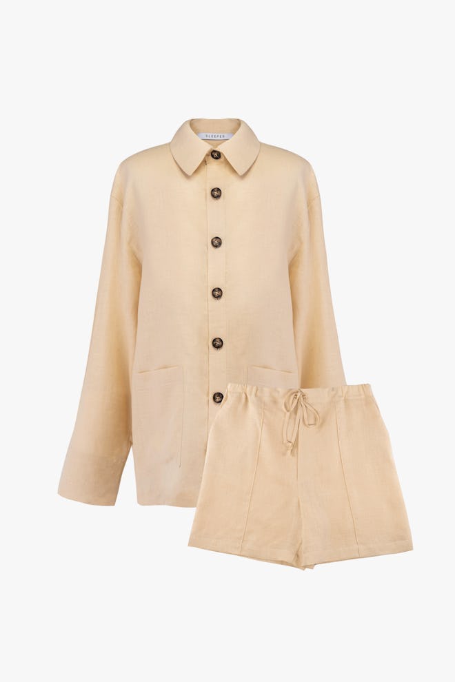 Cream Linen Unisex Pajama Set with Shorts