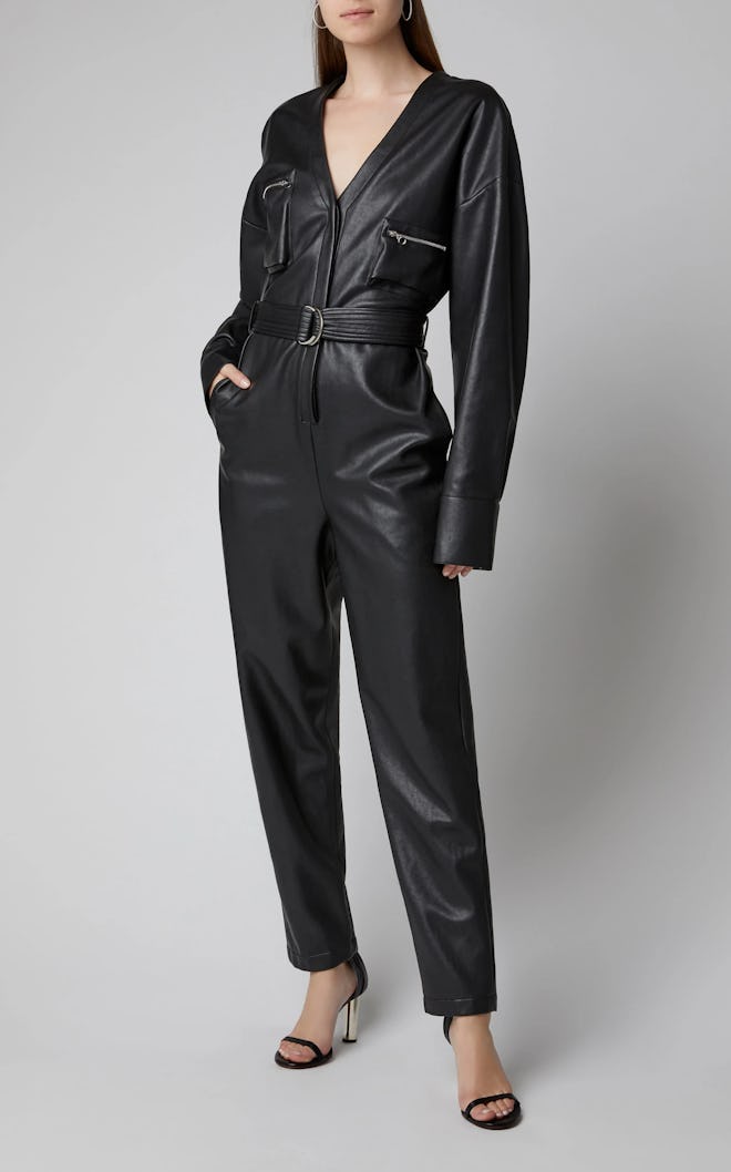 Belted Faux Leather Tapered Jumpsuit