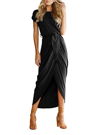 Yidarton Women's Casual Short Sleeve Slit Solid Party Summer Long Maxi Dress