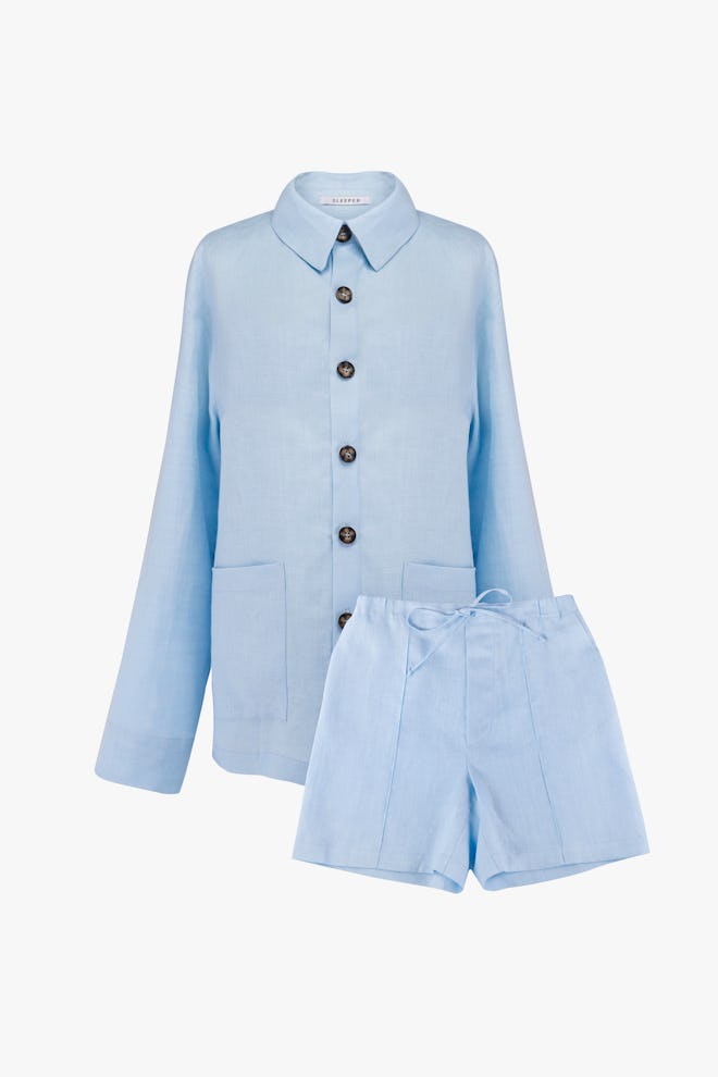 Azure Blue Linen Unisex Pajama Set with Shorts