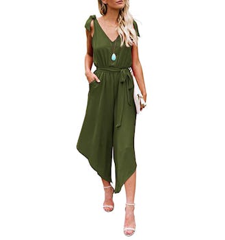 BELONGSCI Women Outfit Sleeveless Shoulder Bandage Waistband Sexy V-Neck Wide Leg Long Jumpsuit with...