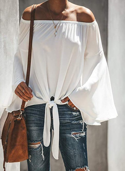 Asvivid Women's Striped Off Shoulder Bell Sleeve Shirt Tie Knot Casual Blouses Tops
