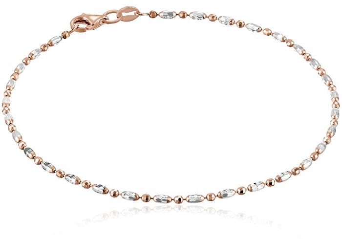 Italian Sterling Silver Rhodium Plated Diamond Cut Oval and Round Beads Mezzaluna Chain Ankle Bracel...