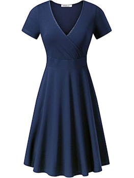 MSBASIC Women's Deep V Neck Short Sleeve Unique Cross Wrap Casual Flared Midi Dress