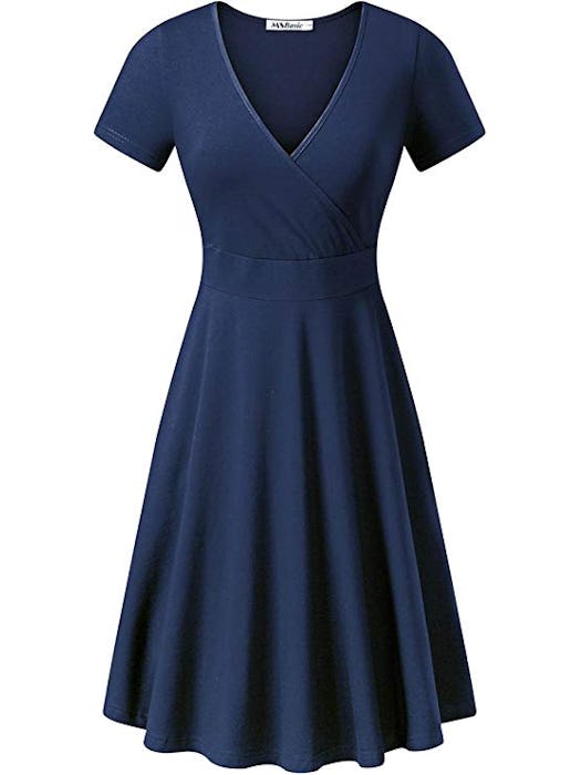 MSBASIC Women's Deep V Neck Short Sleeve Unique Cross Wrap Casual Flared Midi Dress
