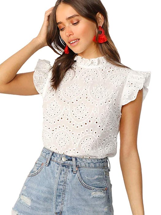 Romwe Women's Sleeveless Ruffle Stand Collar Embroidery Button Slim Cotton Blouse Top