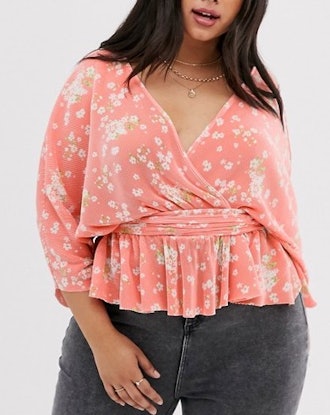 Plisse Wrap Top With Tie Side In Floral Print