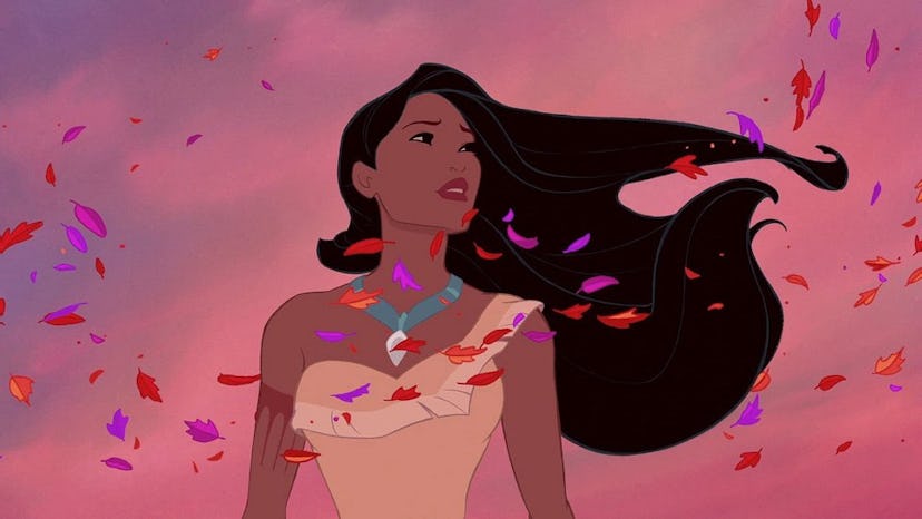 Pocahontas with wind in her hair and flower petals flying around