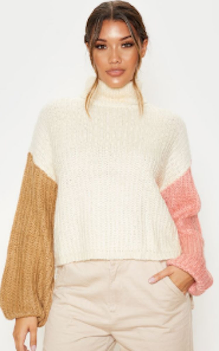 Pretty Little Thing CREAM COLOUR BLOCK FLUFFY KNIT SWEATER