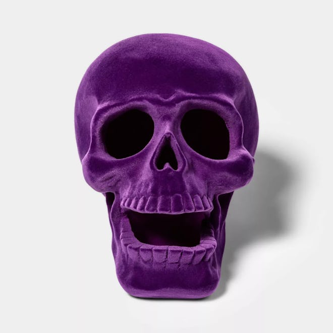 Purple Resin Flocked Skull Halloween Decoration Large 
