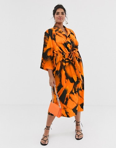 Another Reason Plus slouch shirt dress with drawstring waist in blur print