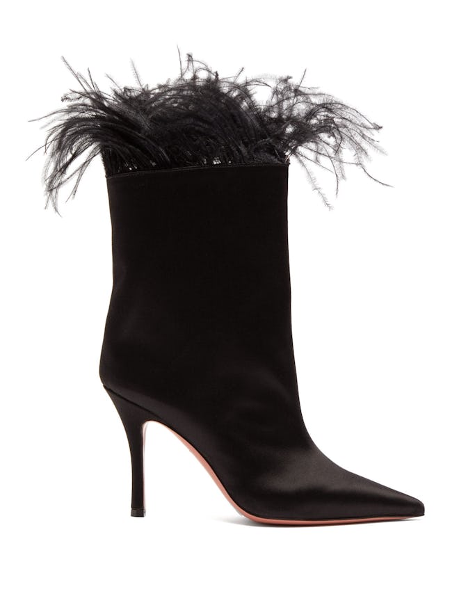 Nakia Feather-Trimmed Satin Ankle Boots