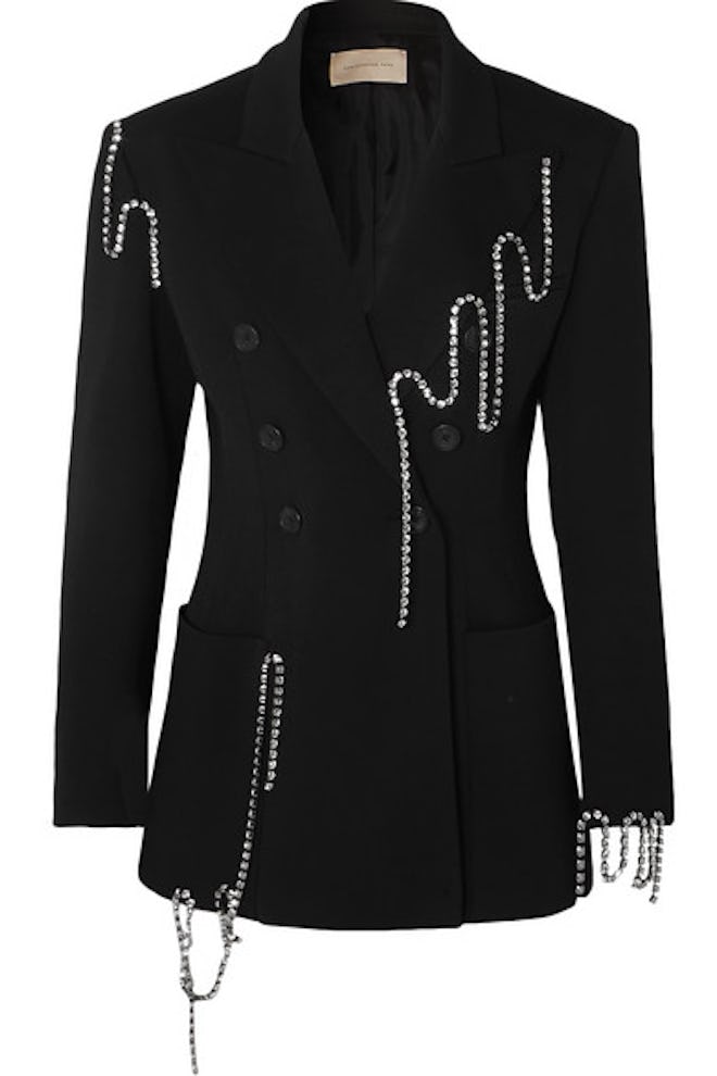 Squiggle Crystal-Embellished Double-Breasted Twill Blazer
