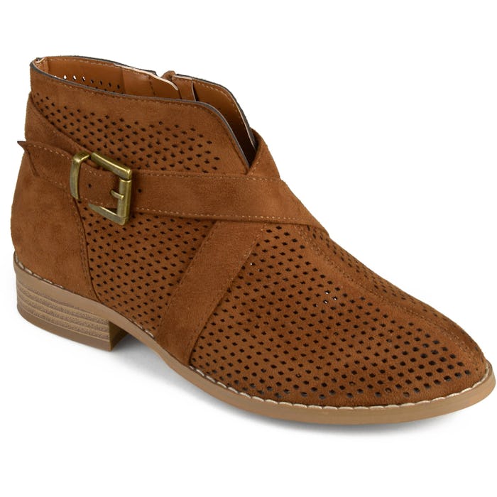 Brinley Co. Women's Laser Cut Buckle Faux Suede Stacked Heel Booties